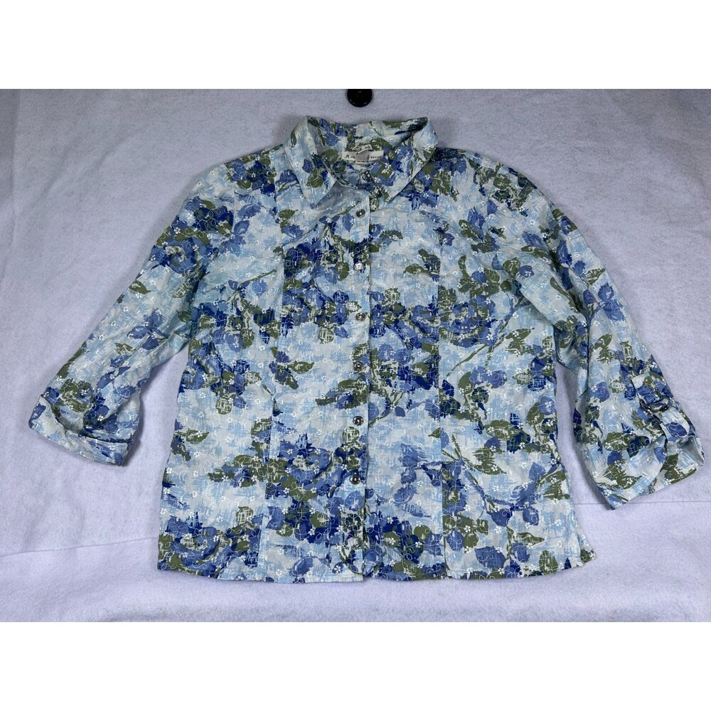 JM Collection Petite Floral Embroidered Button Front Roll Tab Blouse 12P